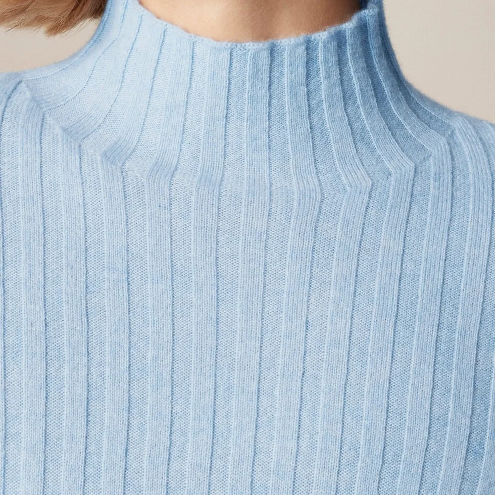 NWT J. Crew Wide Rib Cashmere Turtleneck Sweater Heather River Blue Sz S
